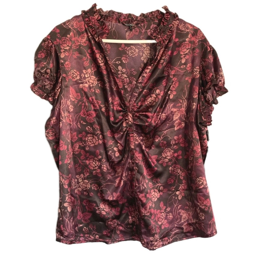 Daisy Fuentes Shirt Women 2X Purple Floral Vneck Ruffle Sleeve Stretch Top NWT
